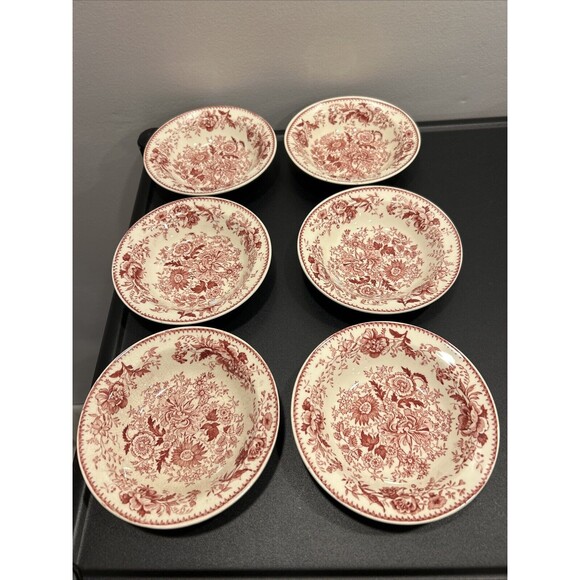 6 Taylor Smith Taylor Red Transferware Center Bouquet 5.25" Berry Dessert Bowls - Picture 1 of 9